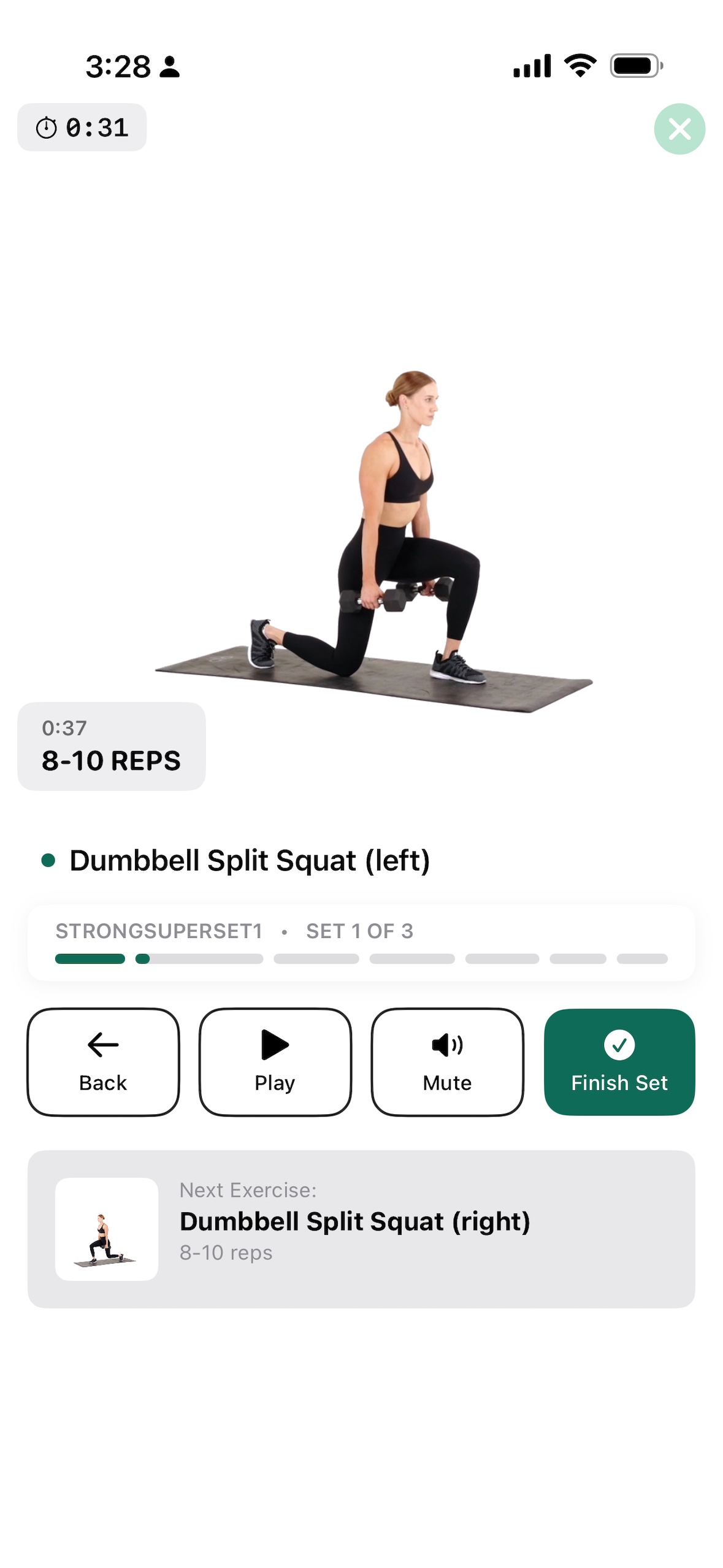 Workout Buddies follow-along workout screen