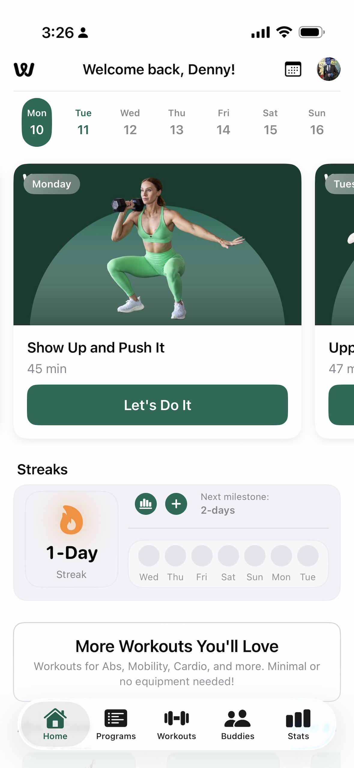 Workout Buddies home screen with streaks