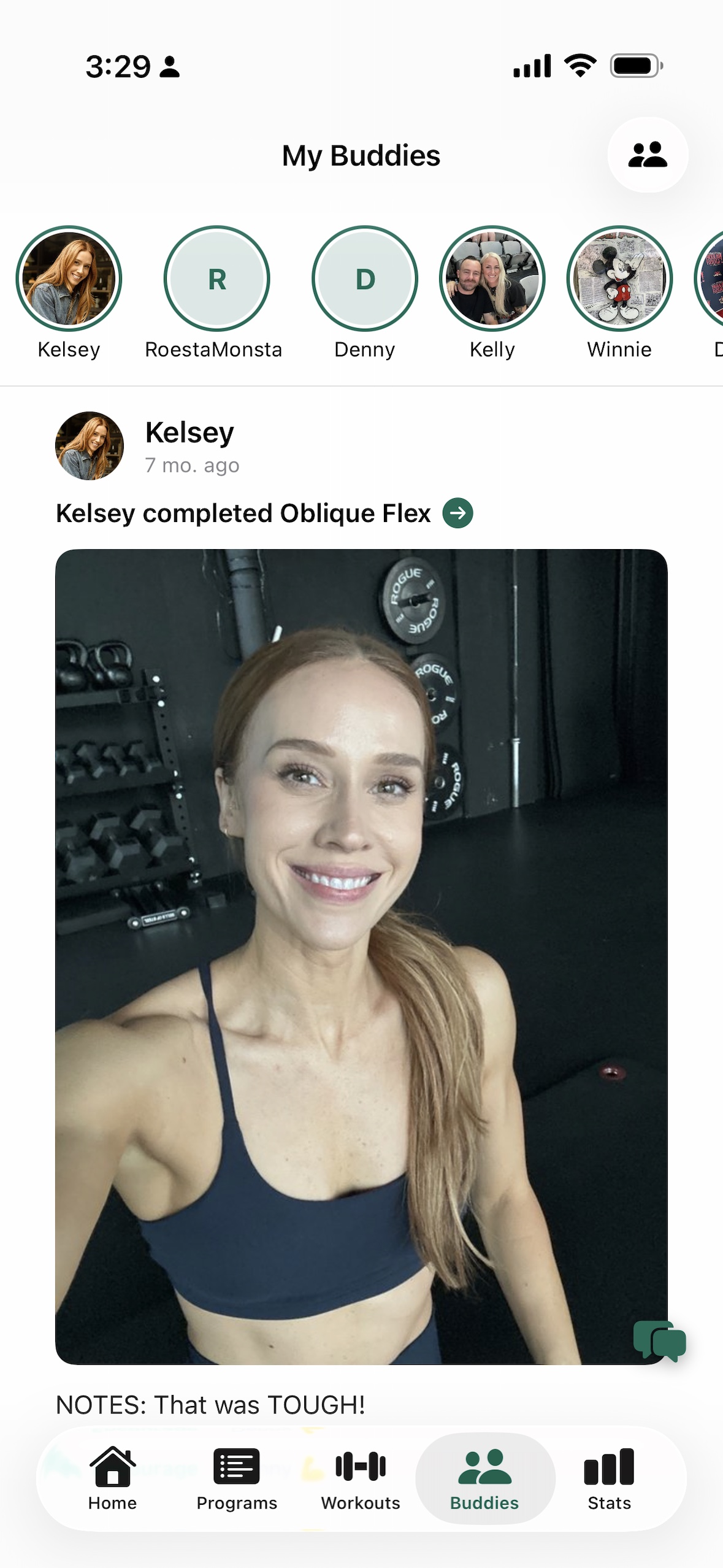 Workout Buddies buddy feed showing accountability